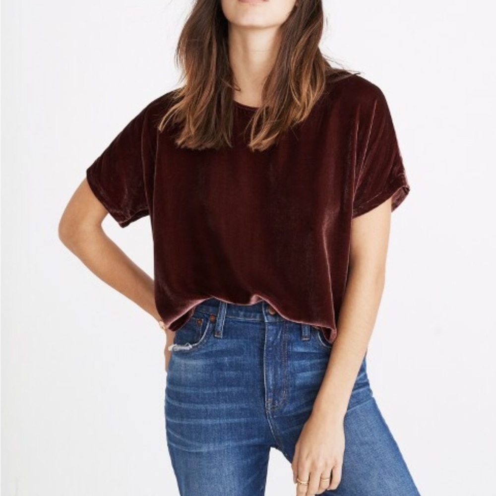 Elwood Velour Split Hem Tee in Wine Burgundy Color | Velvet T-Shirt | Men’s XS